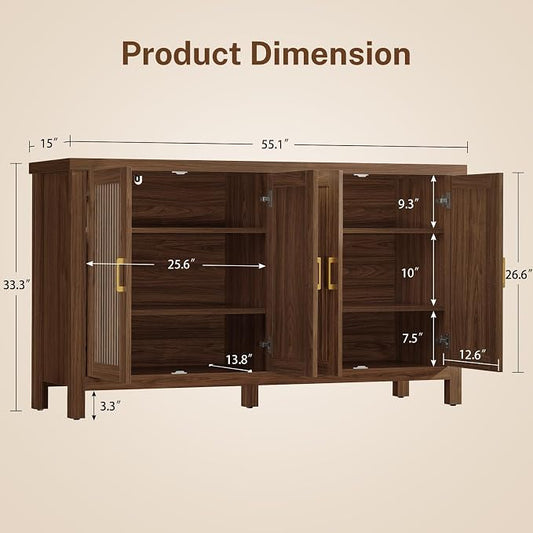 Buffet Cabinet with Storage, 55" Fluted Sideboard Cabinet with 4 Adjustable Shelves, Modern Coffee Bar with 4 Doors, Coffee Bar Cabinet for Kitchen, Living Room, Walnut