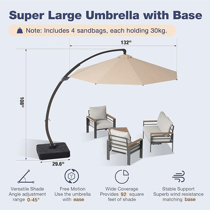 Aoxun Aluminum Patio Furniture Set with Umbrella 4 Seats, Oversized Outdoor Sectional with Washable Thick Cushions, Coffee Table, Patio Conversation Sets for Porch, Balcony, Deck
