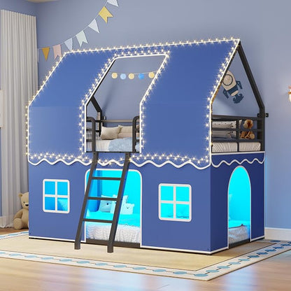 BTHFST Bunk Bed Twin Over Twin with Play Curtain, House Bunk Bed with LED Lights, Metal Boys Bunk Bed with Inclined Ladder and Guardrail, Space Saving, No Box Spring Needed, Royal Blue