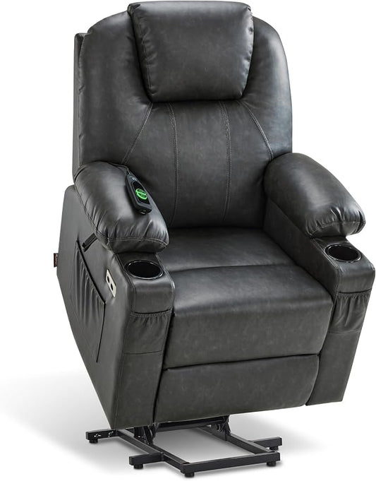 MCombo Power Lift Recliner Chair for Elderly, Lift Chair with Heat and Massage, FSC Certified, USB Ports, Cup Holders, Faux Leather 7141 (Grey, Small)