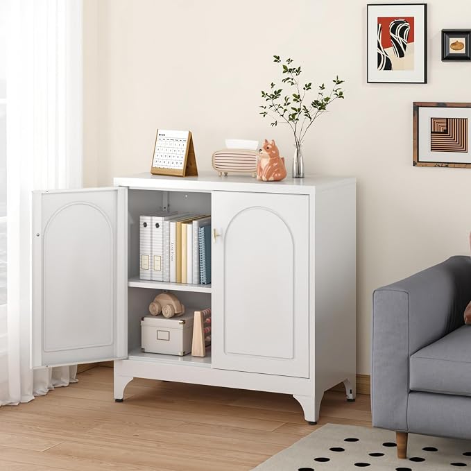 SteeLoong Metal Sideboard Buffet Cabinet with Storage,33 Inch Coffee Bar Cabinet with Adjustable Shelf, White Kitchen Sideboard Cabinets for Dining Room, Living Room