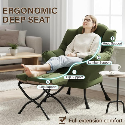 Welnow Lazy Chair with Ottoman, Modern Reading Accent Chair with Armrests and a Side Pocket, Leisure Upholstered Lazy Sofa Set with Footrest for Small Space, Army Green