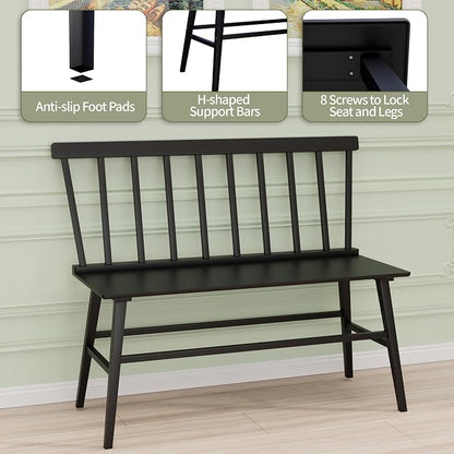 APRTAT Bamboo Entryway Bench, Dining Bench with Spindle Back (Black) | Natural Bamboo & H-Shaped Support, Spindle Back, Ideal for entryways, bedrooms, outdoor settings, Easy Assembly & Clean