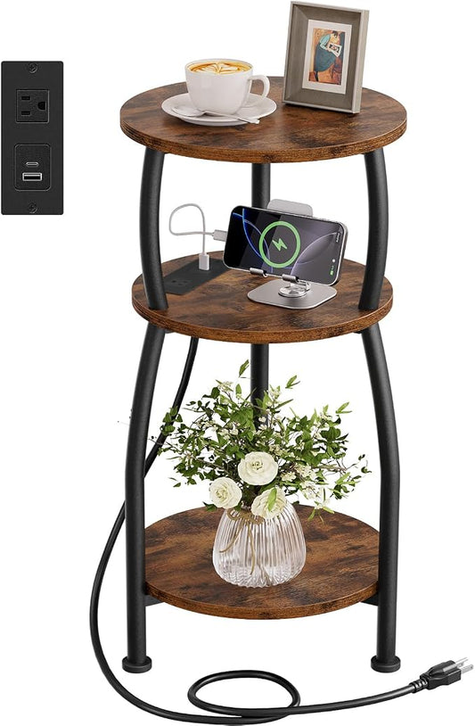 Round Side Table with Power Outlet & USB Ports, 3-Tier End Table with Storage Shelf, Modern Rustic Nightstand, Small Spaces Accent Table for Living Room Bedroom, Easy Assembly, Rustic Brown