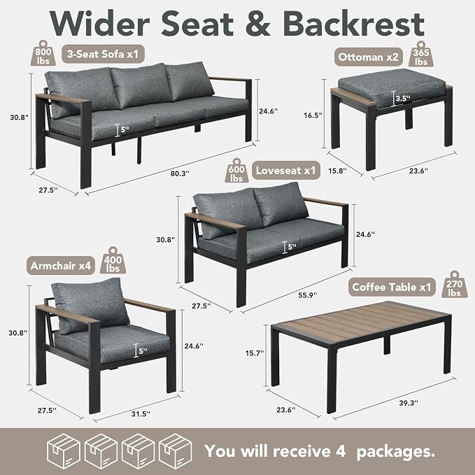 Patio Furniture Set 11 Seats and Coffee Table, 9 Pieces Patio Conversation Set with Thick Cushion, Ottomans, Deluxe Aluminum Modern Outside Sectional for Porch, Balcony, Deck, Yard, Dark Gray