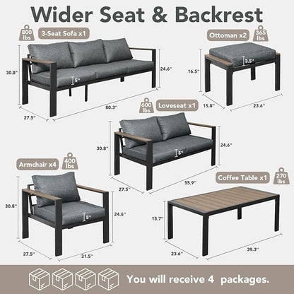 Patio Furniture Set 11 Seats and Coffee Table, 9 Pieces Patio Conversation Set with Thick Cushion, Ottomans, Deluxe Aluminum Modern Outside Sectional for Porch, Balcony, Deck, Yard, Dark Gray