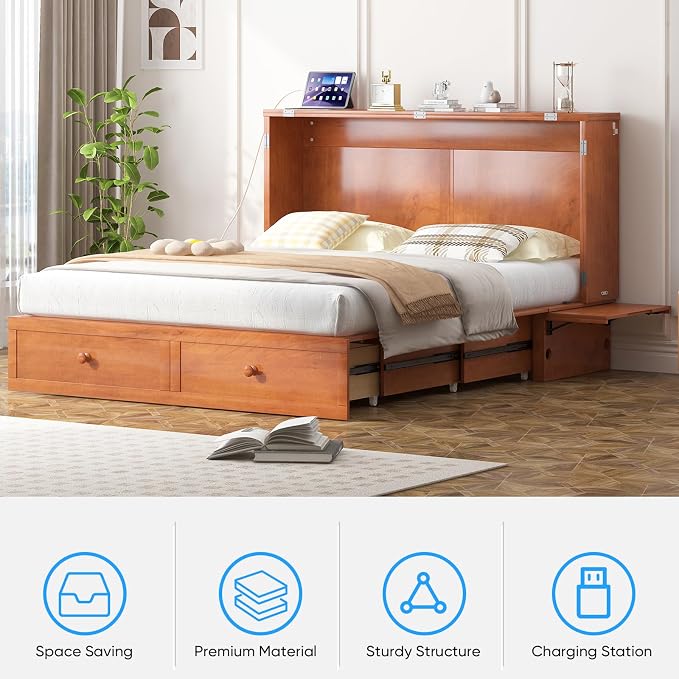 PUREMIND Queen Murphy Bed, Hideaway Murphy Cabinet Bed with 2 Storage Drawers, Space-Saving Chest Beds with USB Charging Ports and Headboard for Bedroom, Guest Room