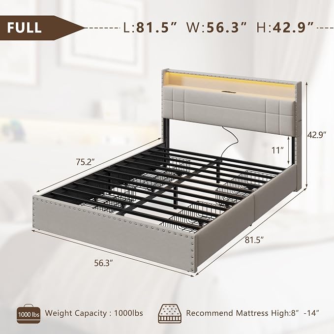 Forestell Full Size Bed Frame with 4 Drawers and Storage Headboard, Upholstered Platform Bed Frame Full Size with LED Lights and Charging Station, Metal Slats Support, No Box Spring Needed, Beige