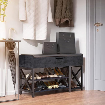 Shoe Bench, Lift Top Shoe Storage Bench, Adjustable Shelf Entryway Bench with Padded Cushion for Entry, Closet, Living Room, Hallway, 2-Tier Shoe Rack Organizer(Black, 39.5“W)