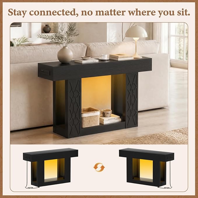 Unikito 47" Console Table with Outlets & LED Lights, Farmhouse Entryway Table with Unique Lattice Geometric Pattern, Sofa Table Behind Couch with 2-Tier Storage for Living Room, Hallway, Foyer, Black