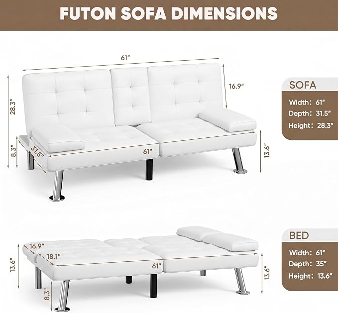 Homall Futon Sofa Bed, Leather Futon Couch with Removable Armrests, Adjustable Recliner Sleeper Sofa Bed with Dual Cup Holders for Living Room, Apartment, Office (White)