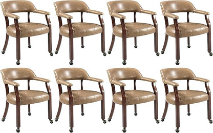 LEEMTORIG Set of 8 Large Dining Chairs with Casters and Arms, Rolling Dining Chairs with Wheels, Accent Poker Game Chairs, Wood Office Chairs, Cherry Legs & Yellowish Brown PU SY-1533-PMB08