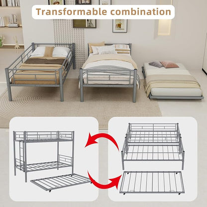 Detachable Bunk Bed Twin over Twin with Trundle, Heavy Duty Triple Bunk Bed Frame for Kids, Teens, Adults, Space Saving 3 Beds with Safety Guardrails & Ladde for Bedroom, Dorm, Noise-Free, Silver