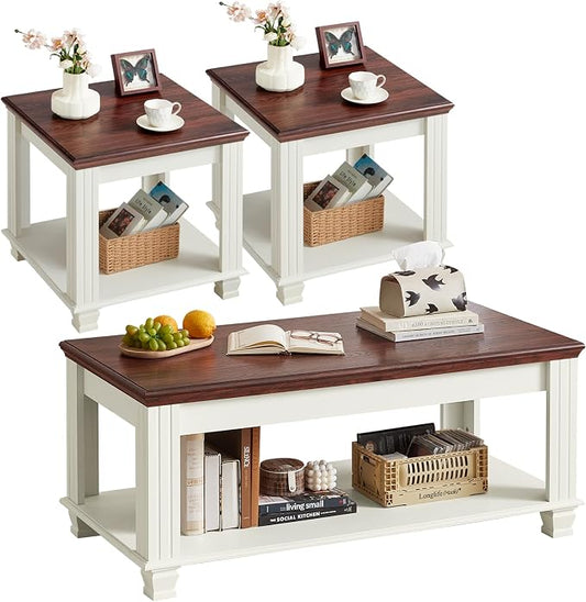 SAVOR LIFE Farmhouse Coffee Table Set of 3, Rustic Wood 3 Piece Coffee and End Table Sets with Open Shelf for Living Room, White