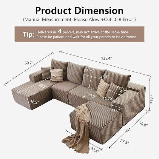 135" Modular Sectional Sofa with U Shaped Chaise, Upholstered Couches for Living Room with Deep Seat, No Assembly Required, Corduroy Cloud Couches, Camel(Left-Facing Chaise
