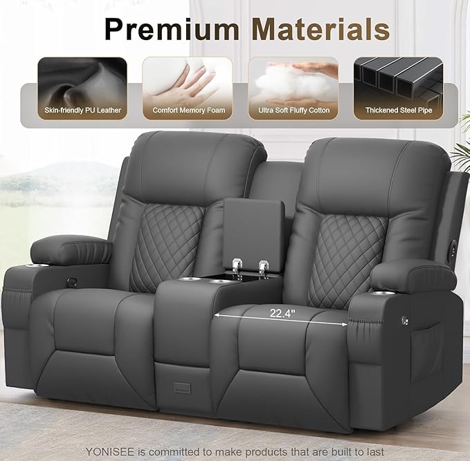 YONISEE Large Loveseat Recliner, Loveseat Recliner Sofa with Storage Console, Recliner Chair with USB Ports, 2 Cell Phone Holders, Cup Holder, Loveseat Couch for Living Room (Dark Gray)