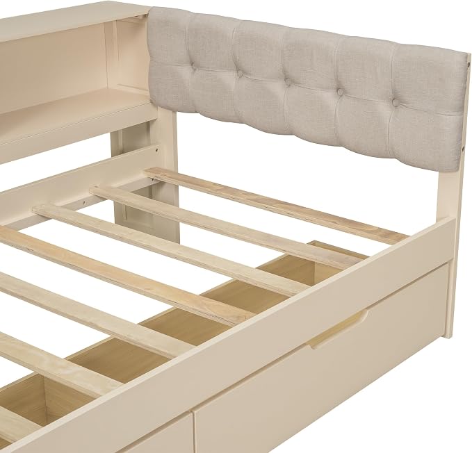 Ball & Cast Twin Size Wood L-shaped Daybed with Storage Shelves and Built-in Desk,Platform Bed w/Under-Bed Drawers & Charging Station,Upholstered Headboard,No Box Spring Needed,for Student Dorms,Cream