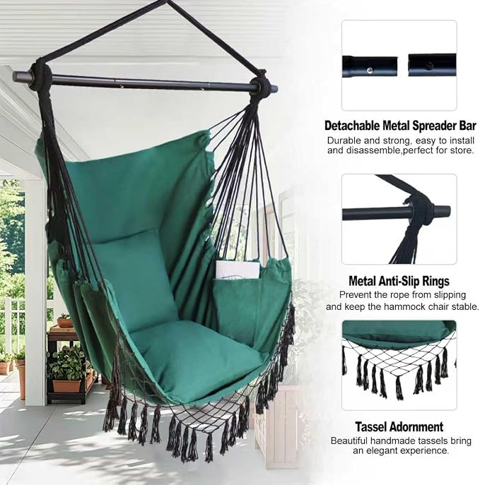 Hammock Chair Hanging Rope Swing Chair,Max 450 Lbs, Large Hanging Chair with Pocket, 2 Cushions, Removable Steel Bar, Hardware Kit Included, Superior Comfort for Indoor Outdoor (Dark Green)