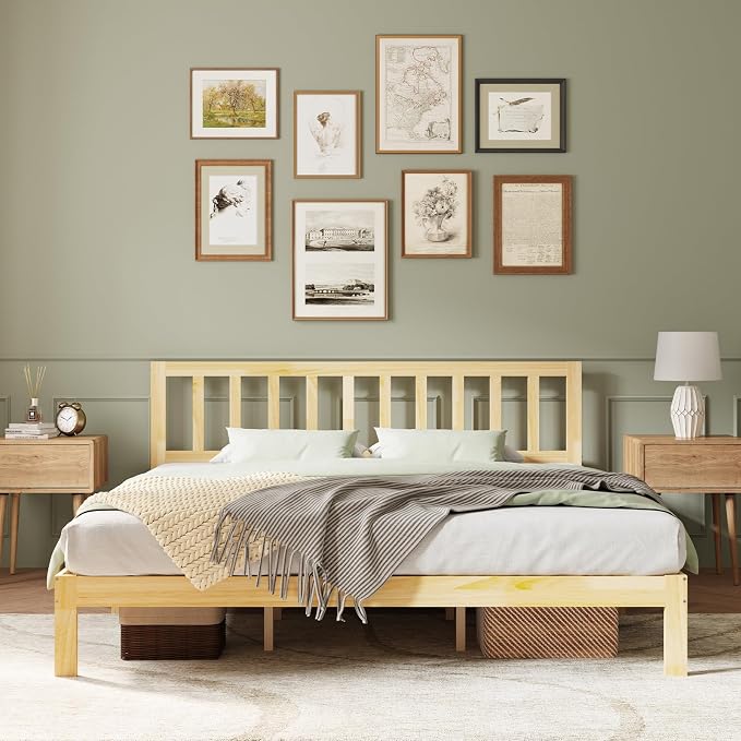 Novilla 12inch King Size Bed Frame Wooden King Bed Frame and Headboard, Classic King Size Bed Frame with Headboard, No Box Spring Needed, Easy Assembly, Pine