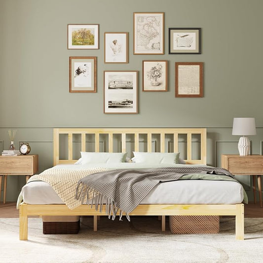 Novilla 12inch King Size Bed Frame Wooden King Bed Frame and Headboard, Classic King Size Bed Frame with Headboard, No Box Spring Needed, Easy Assembly, Pine