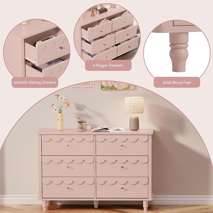 Anbuy Bedroom Sets Scalloped 6 Drawer Dresser and Night Stand Sets for Bedroom, Two Drawers Nightstand & 6 Drawer Dresser Combo 2 Pieces (Pink)
