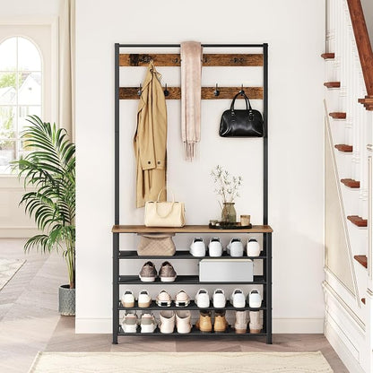 HOOBRO Hall Tree, Coat Rack with Shoe Rack, 39.4” Hall Tree with Bench, 5 Tier Shoe Storage Organizer with 9 Hooks for Entryway, Closet, Sturdy, Industrial, Rustic Brown and Black BF801MT01