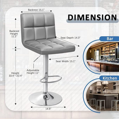 Homall Bar Stools Modern PU Leather Adjustable Swivel Barstools, Armless Hydraulic Kitchen Counter Bar Stool Extra Height Square Island Barstool with Back Set of 2 (Leather, Gray)