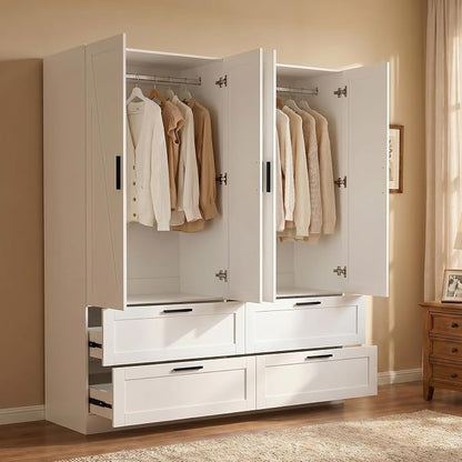 WOODTIME 70.9" Tall Armoire Wardrobe Closet with 4 Drawers, 4 Doors & Hanging Rods, 59.8" W Farmhouse Wooden Wardrobe Clothes Storage Cabinet for Bedroom Apartment, White