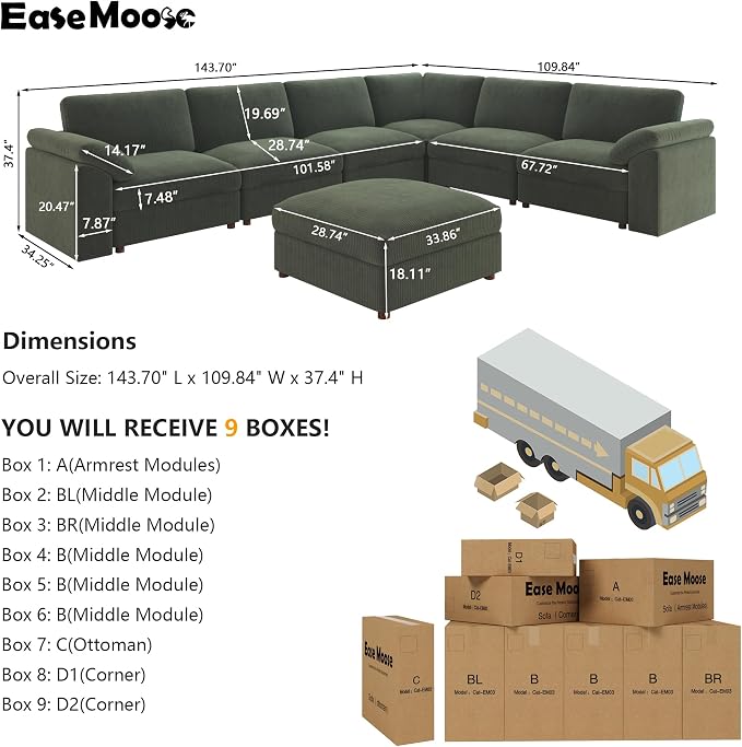 EASE MOOSE Oversized Modular Sofa,Luxury Modern Comfort Large L Shape Sectional Couch Wide Deep Seat Sectional Cloud Couch,Removable Cover