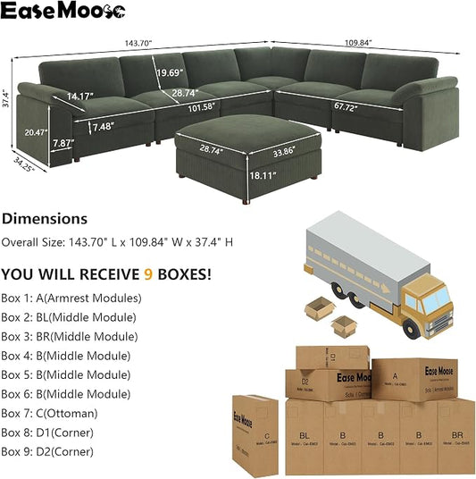 EASE MOOSE Oversized Modular Sofa,Luxury Modern Comfort Large L Shape Sectional Couch Wide Deep Seat Sectional Cloud Couch,Removable Cover