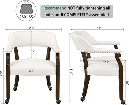 LEEMTORIG Large Dining Chairs with Casters and Arms, Rolling Dining Chairs with Wheels, Accent Solid Wood Boss Caption's Chairs, 26" D x 25.2" W x 31.5" H, Espresso Legs & Ivory PU SY-318-WT