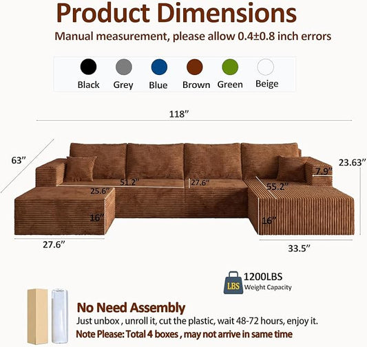 118" Sectional Sofa, Boneless Compressed Sofa in a Box, U-Shaped Cloud Couch with Deep Seats & Chaise for Living Room, No Assembly Required (Orange, 118" U-Shape with Left Facing Chiase)