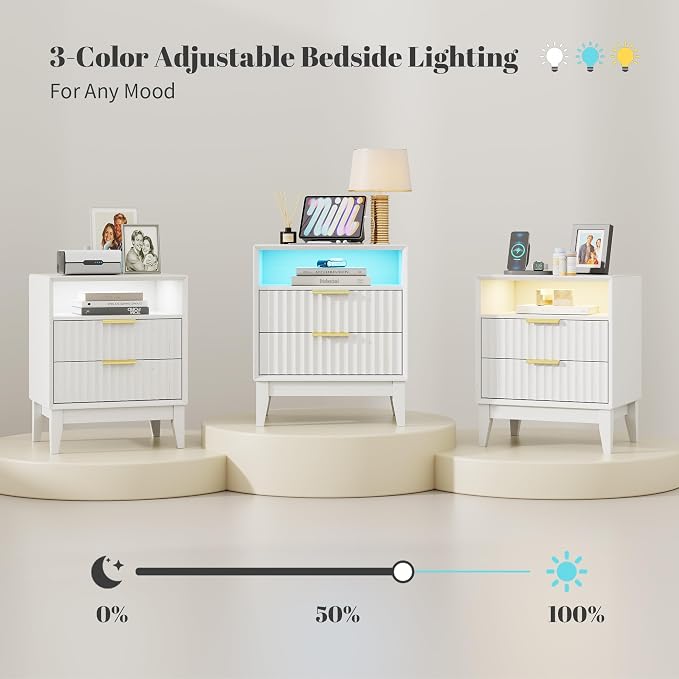 LVSOMT 20'W Fluted Nightstand Set of 2, Night Stand with Charging Station and LED Lights, RFID Lock Hidden Drawer, Mid Century Morden Bedside Table for Bedroom, 2 Drawers and Open Storage Cubby, White