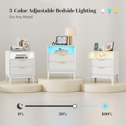 LVSOMT 20'W Fluted Nightstand Set of 2, Night Stand with Charging Station and LED Lights, RFID Lock Hidden Drawer, Mid Century Morden Bedside Table for Bedroom, 2 Drawers and Open Storage Cubby, White