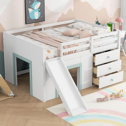 Bellemave Full Size Low loft Bed for Kids,Wood Modern Farmhouse Full Loft Bed with Slide and Drawer Storage, No Box Spring Needed, White