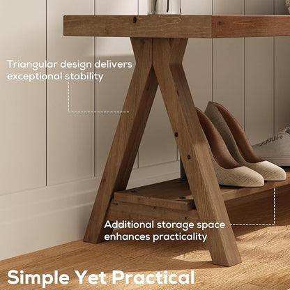 RowyPoey 51" Solid Wood Bench, Long Farmhouse Entryway Bench with Storage Shelf, Triangular Leg Design, Narrow Rustic Benches for Hallway, Bedroom, Dining, Kitchen