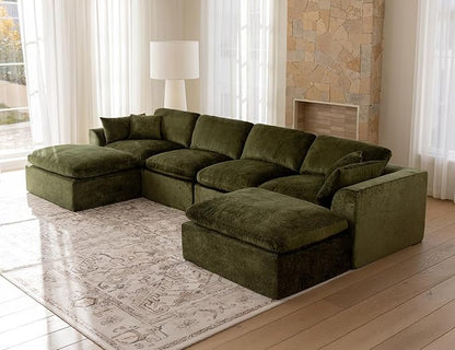 146" Modular Sectional Sofa – Modern Cloud Couch with Deep Chenille Seats, U-Shaped Boneless Sofa, Pet-Friendly, No Assembly, Olive Green (4 Seater + 2 Ottoman)