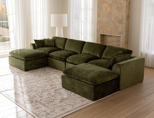 146" Modular Sectional Sofa – Modern Cloud Couch with Deep Chenille Seats, U-Shaped Boneless Sofa, Pet-Friendly, No Assembly, Olive Green (4 Seater + 2 Ottoman)