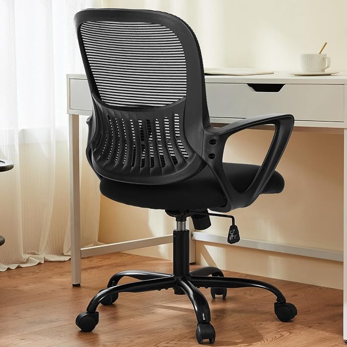 OLIXIS Home Office Chair, Mid Back Computer Ergonomic Mesh Desk with Large Seat, Executive Height Adjustable Swivel Task with Lumbar Support and Armrest, for Adults, Black