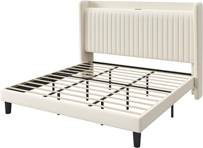 SHA CERLIN King Size Velvet Bed Frame with USB Charging Station, Wingback Storage Headboard, Upholstered Platform Bed with Wooden Slats Support, No Box Spring Needed, Easy Assembly, Cream White