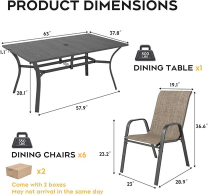 Outdoor Dining Set for 6, 7pcs Patio Table and Chairs Set with Adjustable Umbrella Hole,Heavy Duty 63”x37.8” Metal Dining Table and Stackable Patio Chair for Yard, Garden, Porch