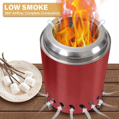 HGD 9.6 x 7.1 in Small Tabletop Fire Pit, Portable Mini Smokeless Table Top Firepit, Low Smoke Camping Stove for Outdoor & Patio, Fueled by Pellets or Wood, with Travel Bag, Stainless Steel, Red