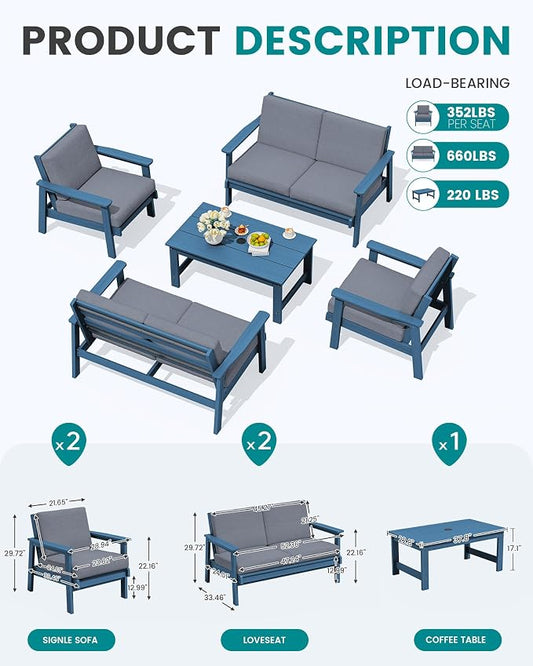 SERWALL HDPE Patio Furniture Set, 5 Piece All Weather Wood-Like Sectional Outdoor Furniture Set, Blue Patio Sofa Couch with Grey Cushions for Deck, Lawn