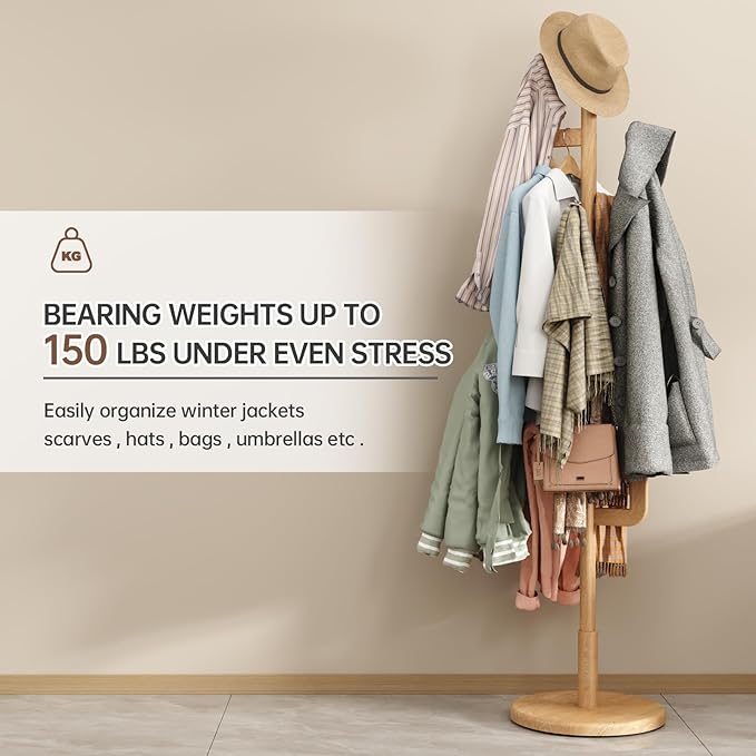 Muwuele Solid Wood Cactus Coat Rack, Freestanding Coat Rack With 6 L-Shaped Hooks and 3 Adjustable Sizes, Coat Tree for Bedroom, Entryway, Livingroom, Coat Hanger Stand for Coats, Handbags (Natural)