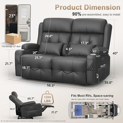 Power Reclining Loveseat with Massage & Heat,Wall Hugger Home Theater Seating with LED Lights,USB & Type-C Ports, Ideal for RV, Home Theater and Game Room,Gray,2 Seats