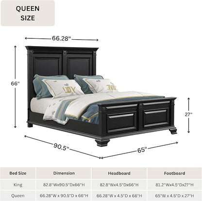 Roundhill Furniture Renova Vintage Black Wood Bedroom Set, Queen Panel Bed, Dresser, Mirror, Two Nightstands, Chest