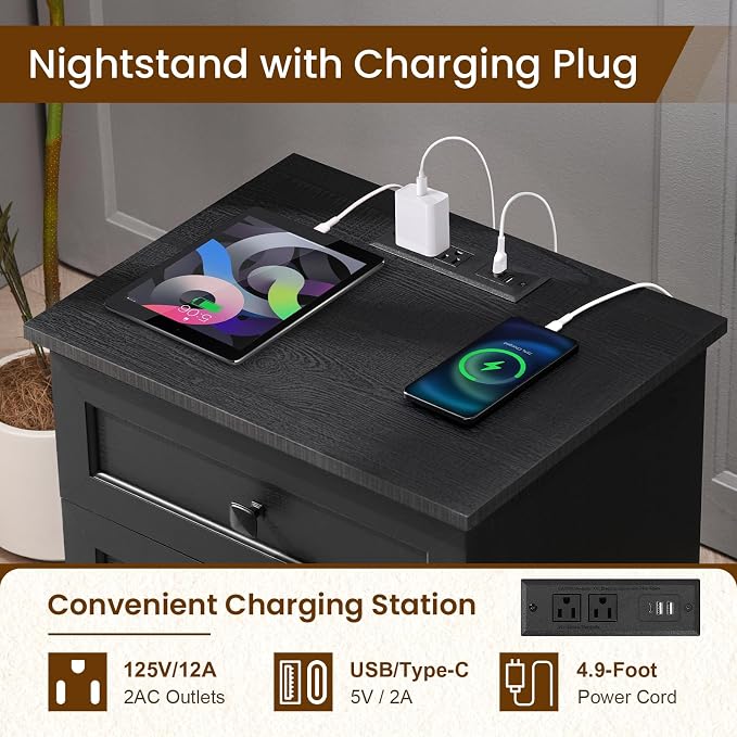 20-Inch Wide Modern Nightstands Set of 2 with Charging Station, End Tables with 3 Large Drawers, Simple Design Bedside Table for Bedroom and Office,Black