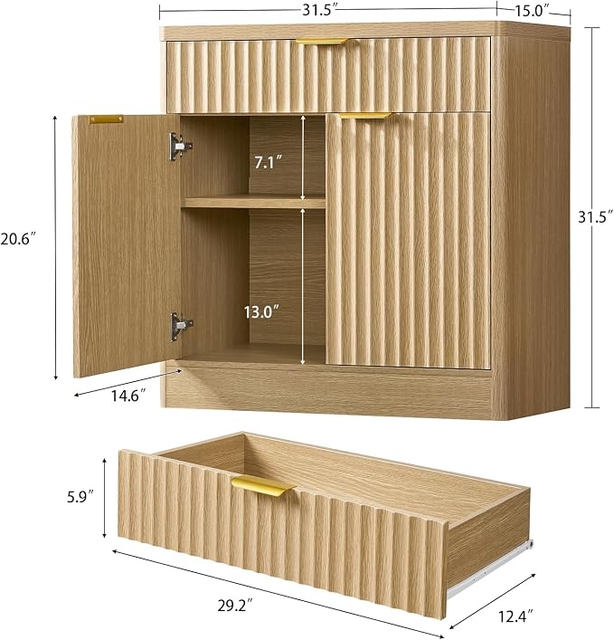 TEENFON 63" Fluted Buffet Sideboard Cabinet with Storage, Buffet Table Coffee Bar Wine Bar Storage Cabinet with Adjustable Shelf for Living Room, Kitchen, Natural