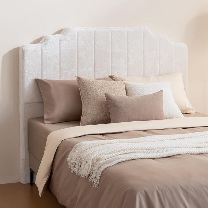 King Headboard Only - Beige Velvet Upholstered Headboard for Bed, No Assembly Required, Pure Sponge Design, Comfort Head Board, Place Between Bed & Wall, Vertical Stripe with Stepped Crown Top Edge