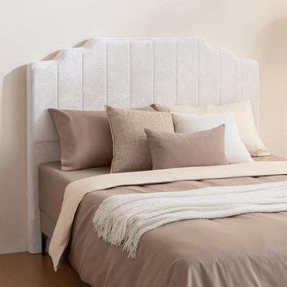 Queen Headboard Only - Beige Velvet Upholstered Headboard for Bed, No Assembly Required, Pure Sponge Design, Comfort Head Board, Place Between Bed & Wall, Vertical Stripe with Stepped Crown Top Edge